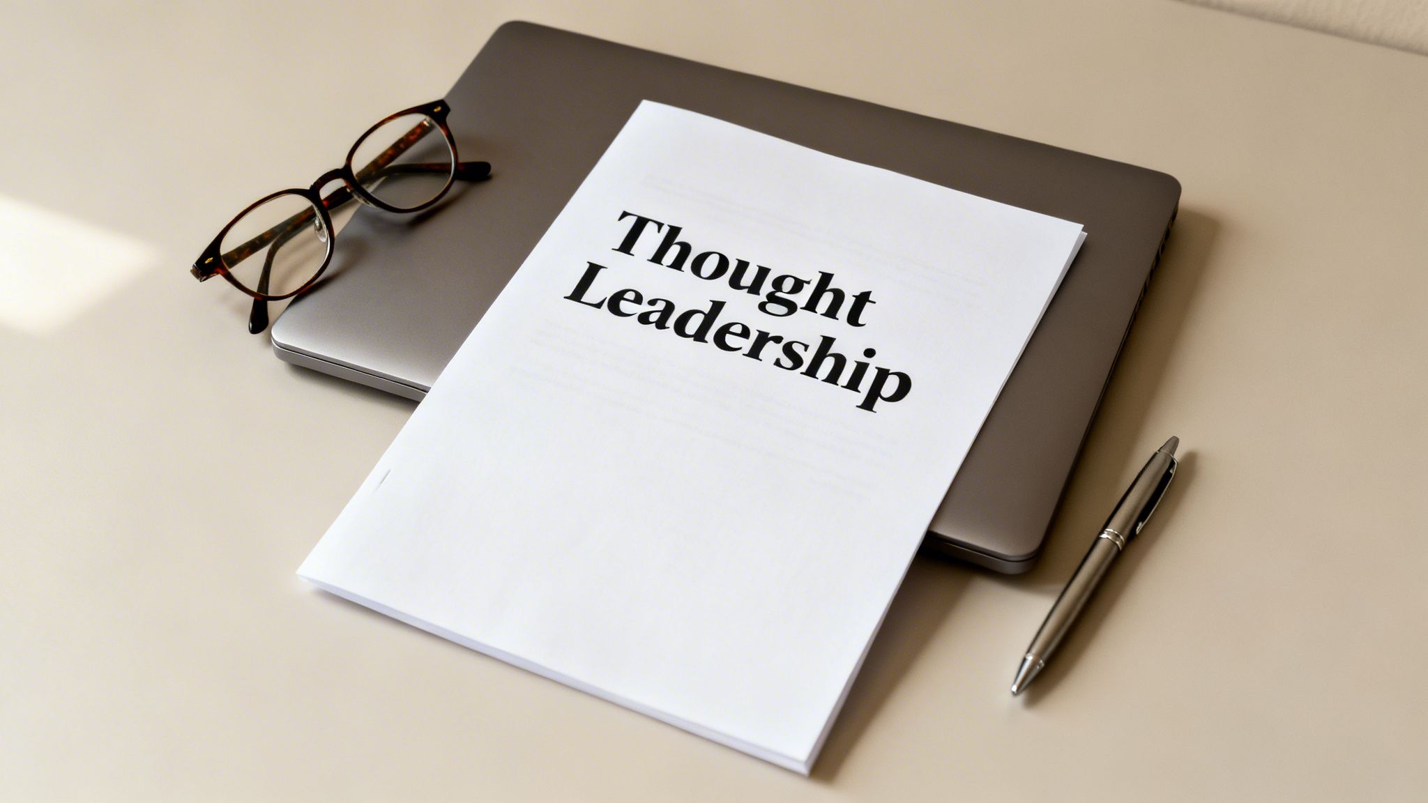 A white document titled 'Thought Leadership' on a closed laptop, with eyeglasses and a pen on a desk.