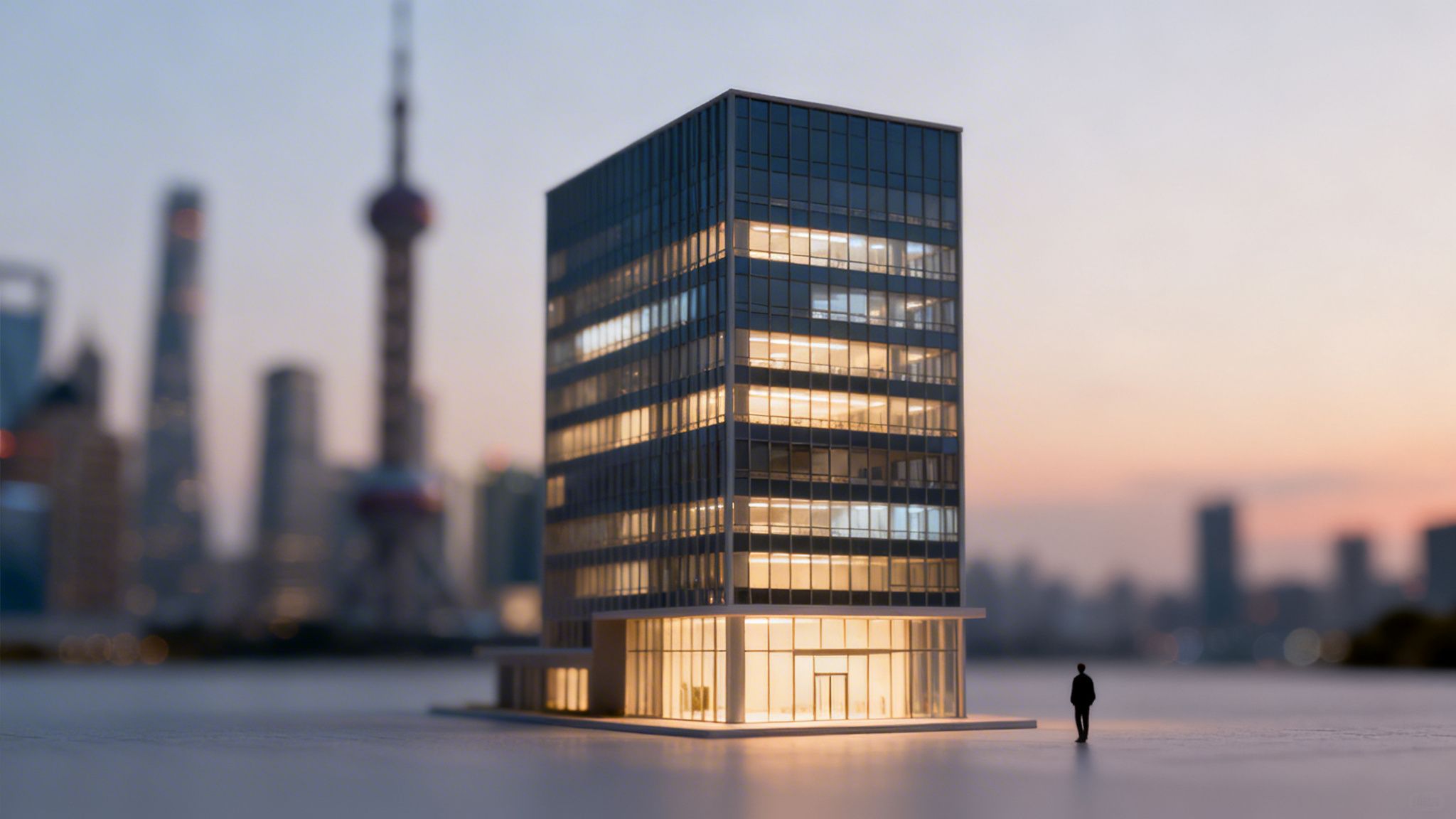 A miniature office building model glows at dusk, with a person overlooking a blurred city.