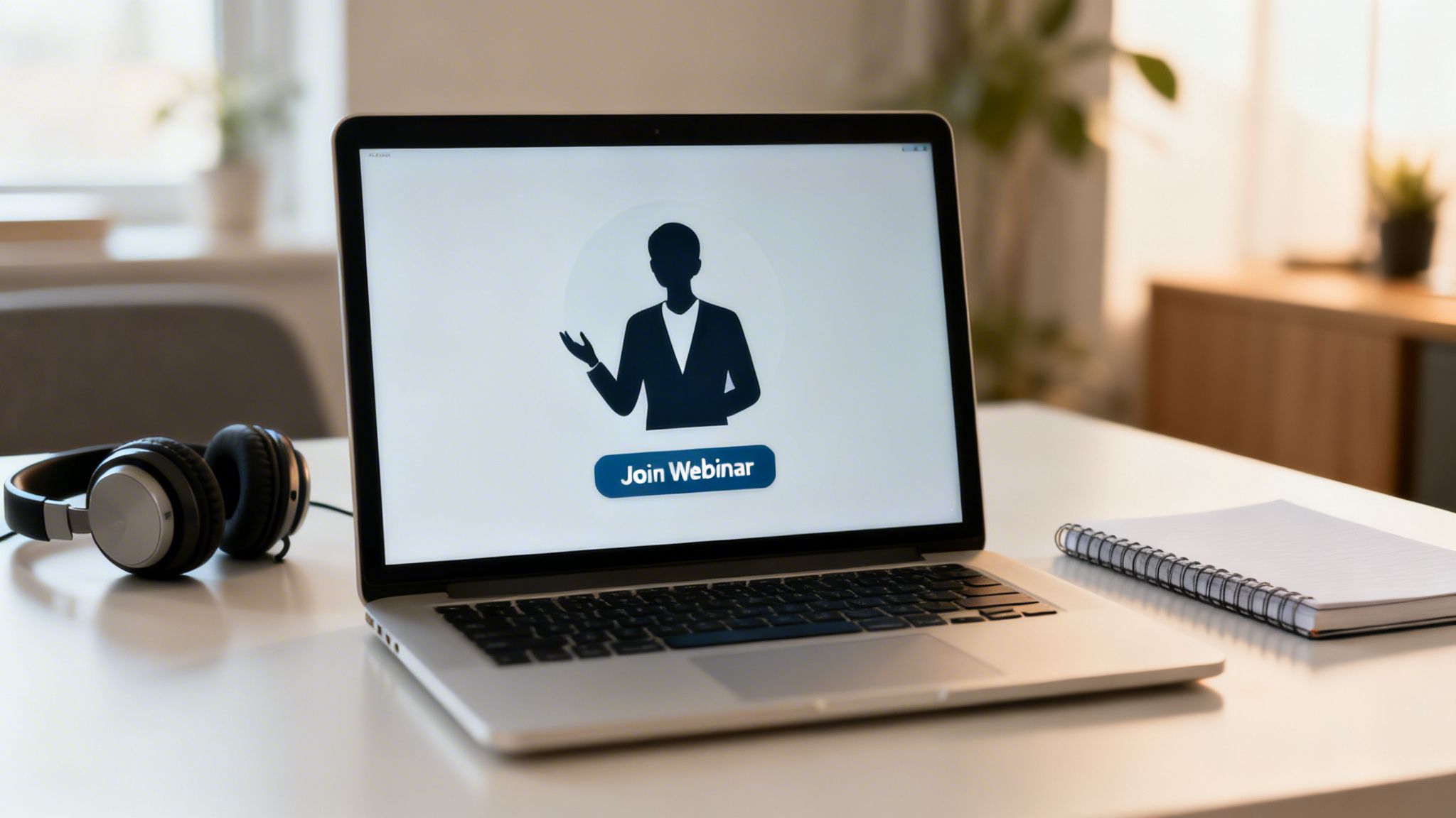 A laptop displaying a 'Join Webinar' button with a presenter silhouette, headphones, and a notebook on a desk.