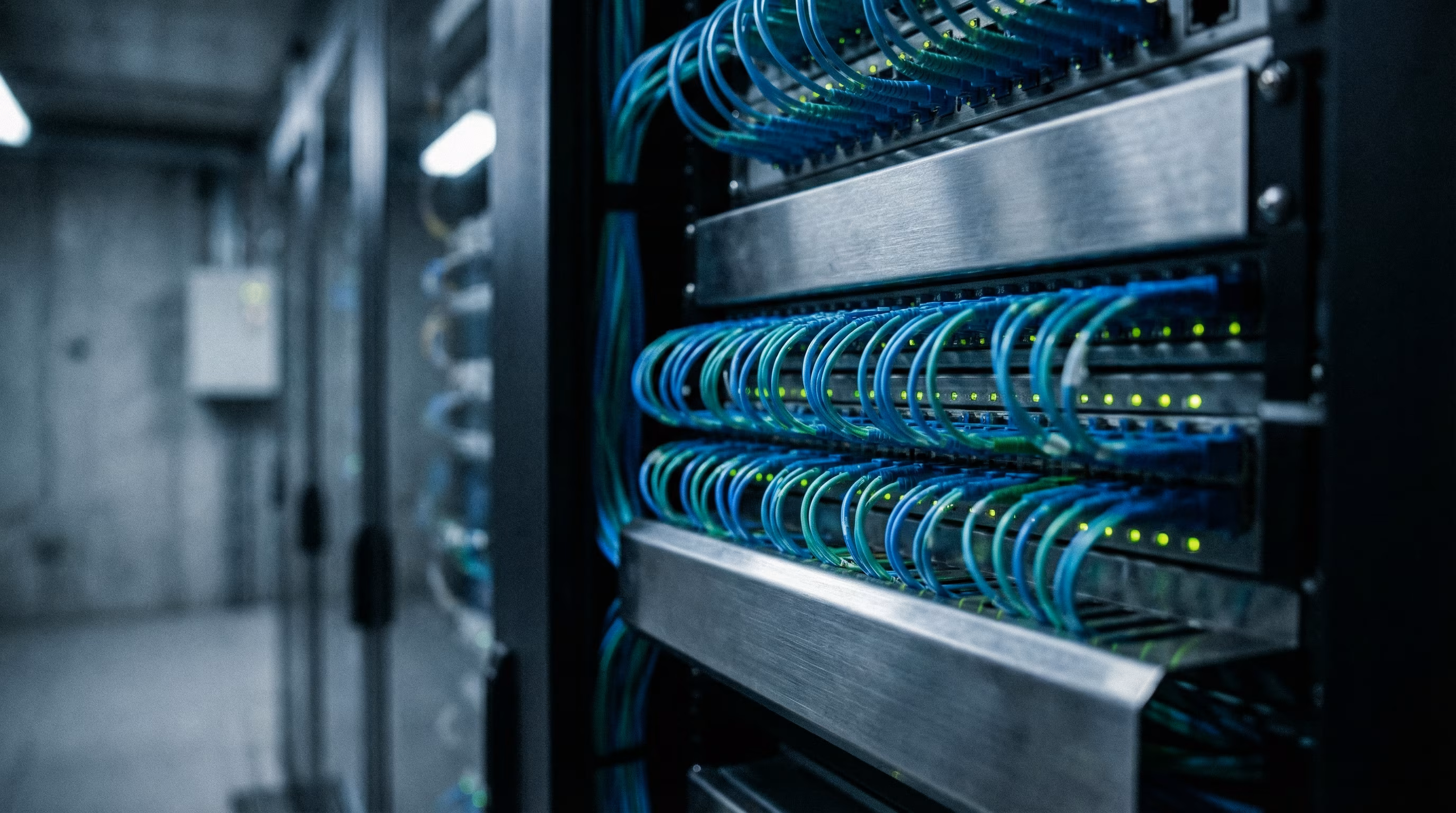 Close-up of dense blue and green network cables plugged into server rack patch panels.