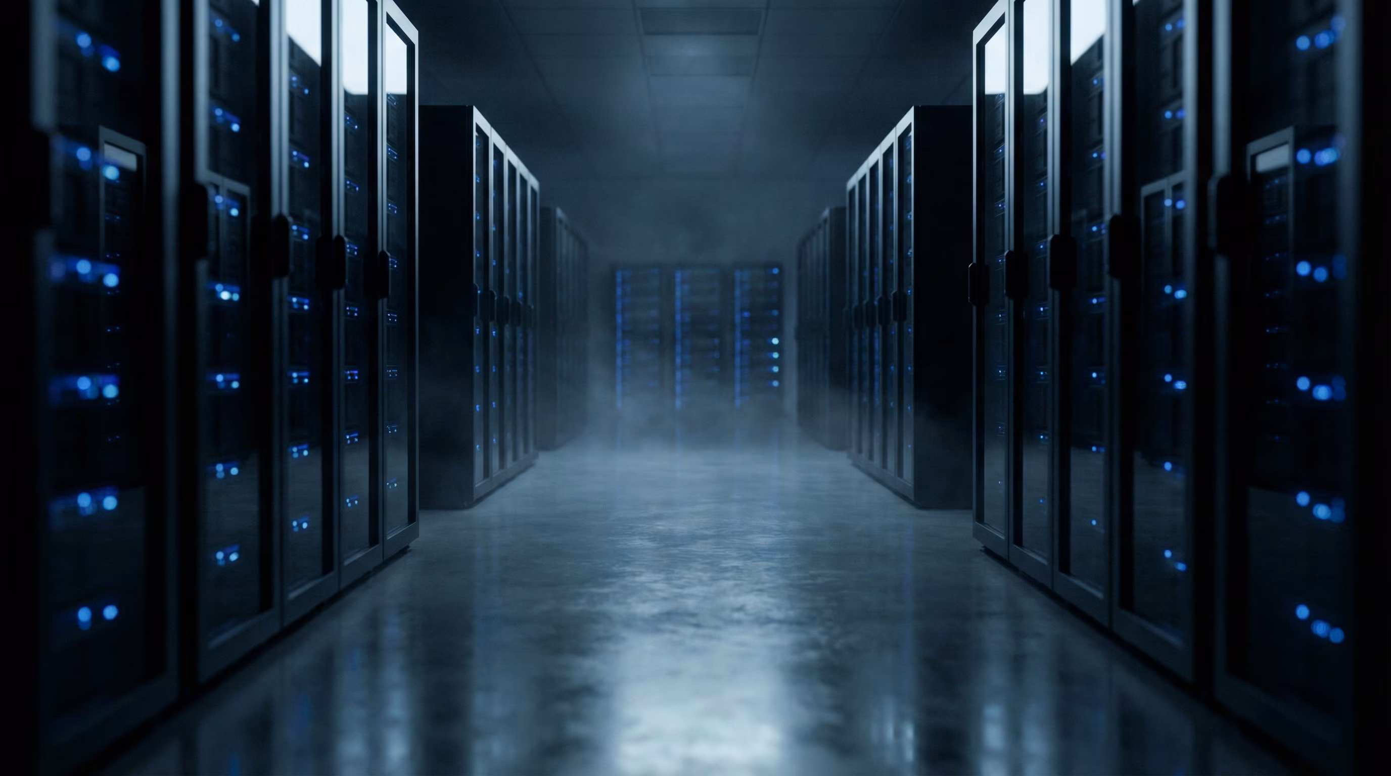 Dimly lit corridor between rows of tall server racks with blue indicator lights.
