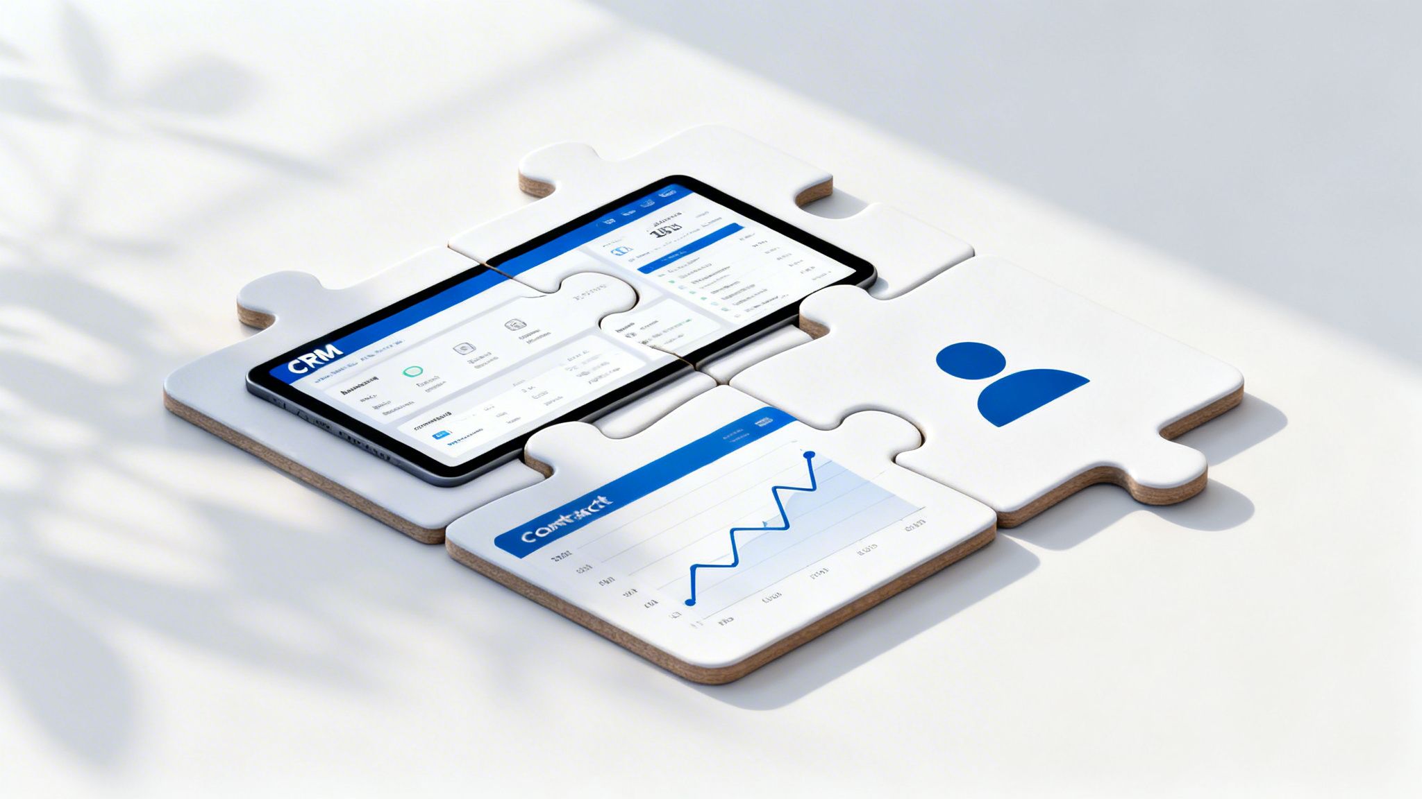 Four puzzle pieces form a square, displaying CRM software on a tablet, a user icon, and a business chart.