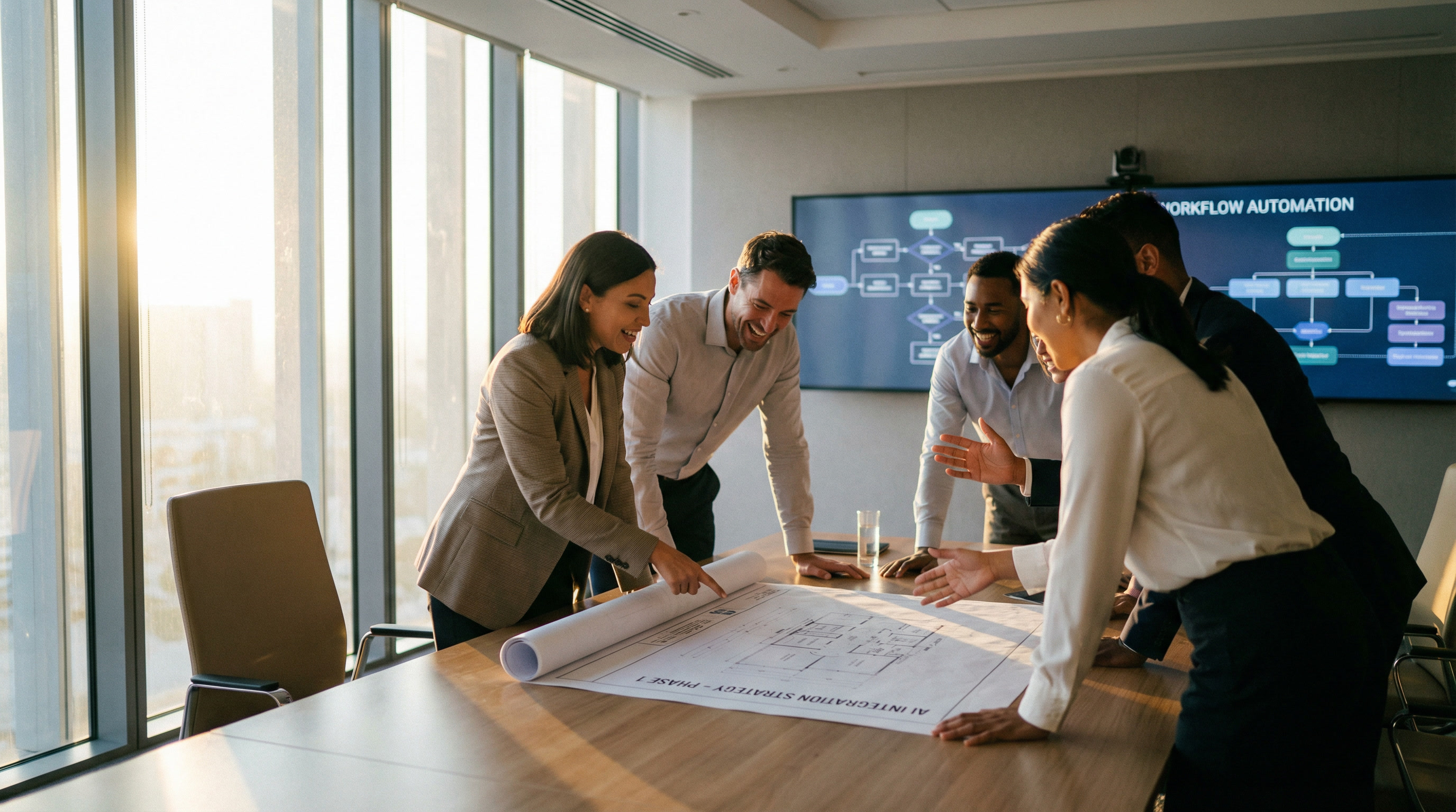 Four colleagues lean over a conference table reviewing printed plans with a workflow automation diagram on the screen behind them.