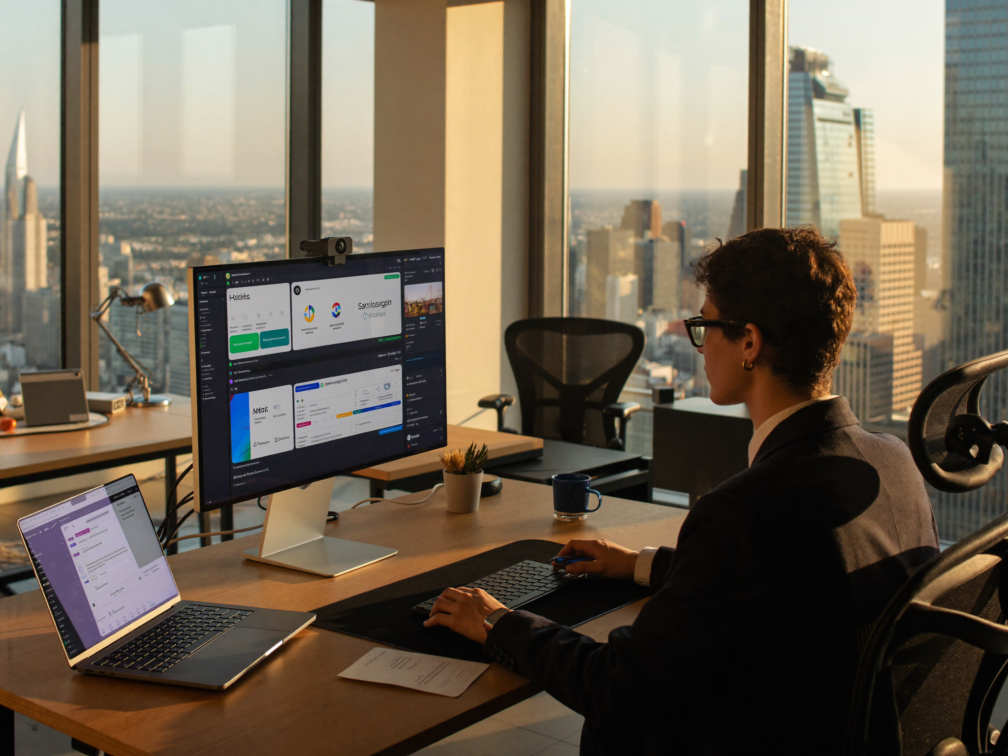 Person seated at a high-rise desk working on a large monitor showing a project dashboard with colorful cards and status indicators.