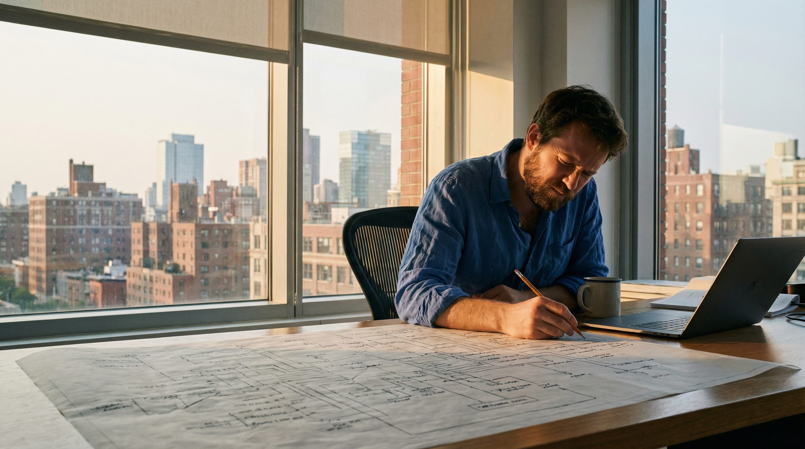 Man in a blue shirt writing on large paper diagrams spread across a desk, with a laptop open and a city skyline in the background.