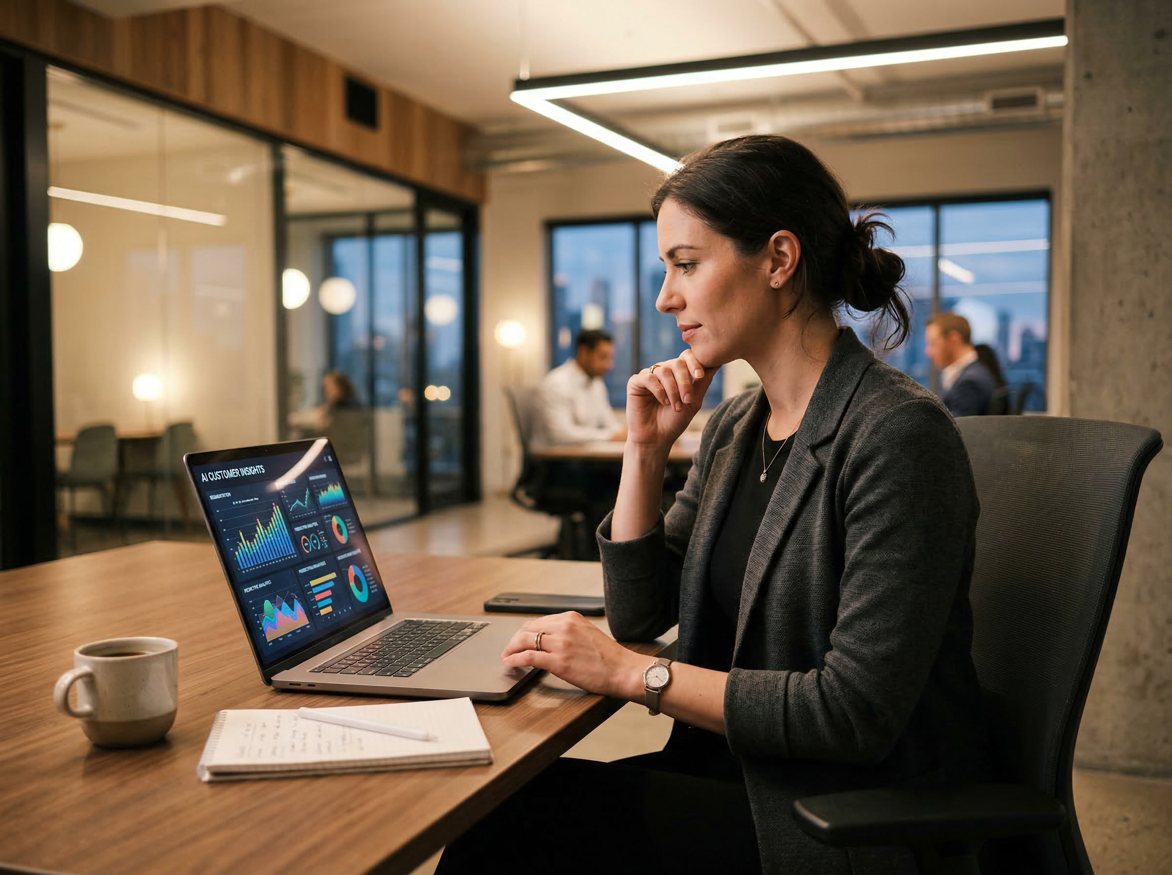 Woman in a dark blazer studying a colorful analytics dashboard on a laptop in a dim conference room with colleagues in the background.