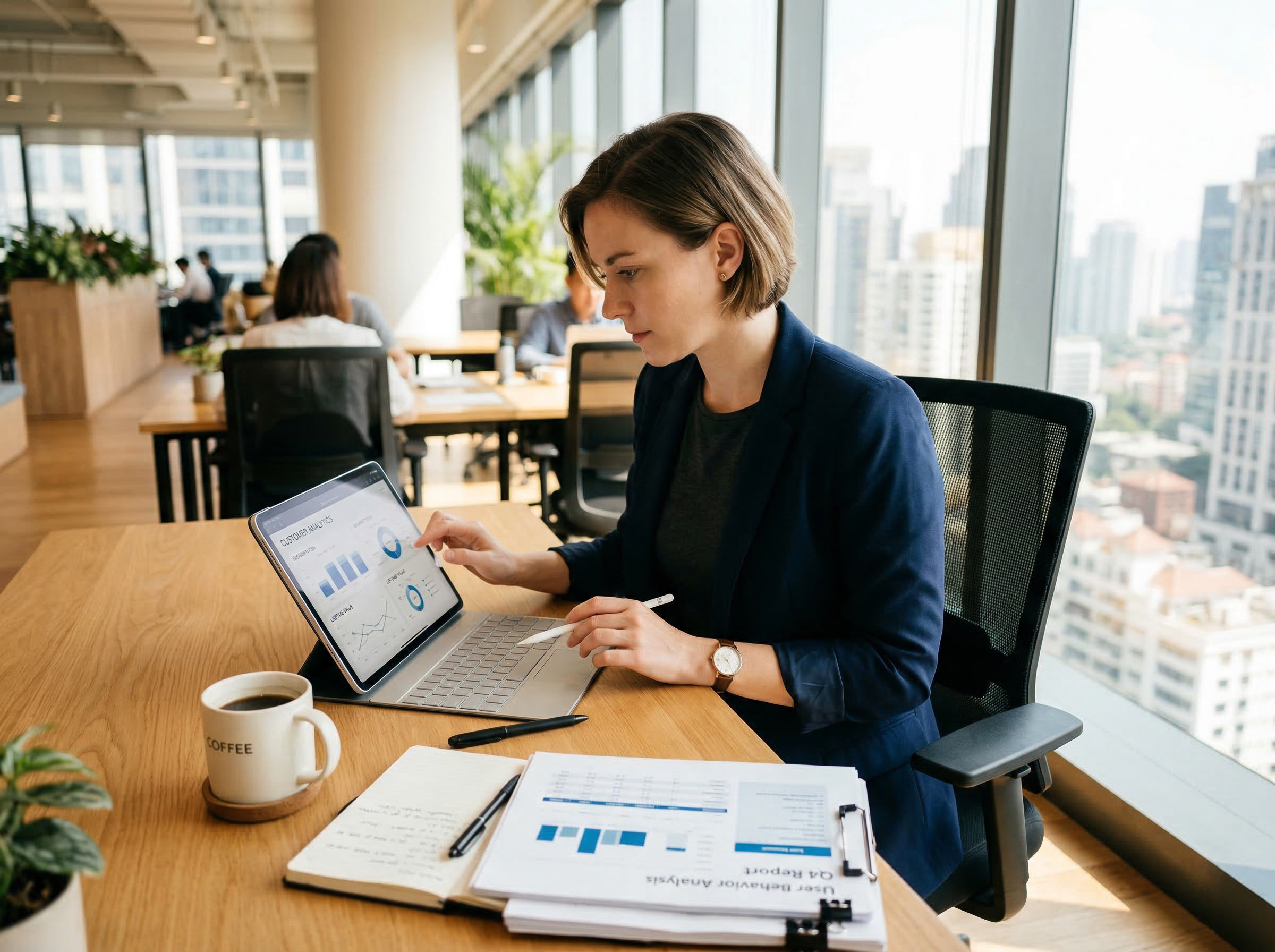 Woman in a navy jacket reviewing analytics charts on a tablet at a desk with printed reports and a coffee cup nearby.