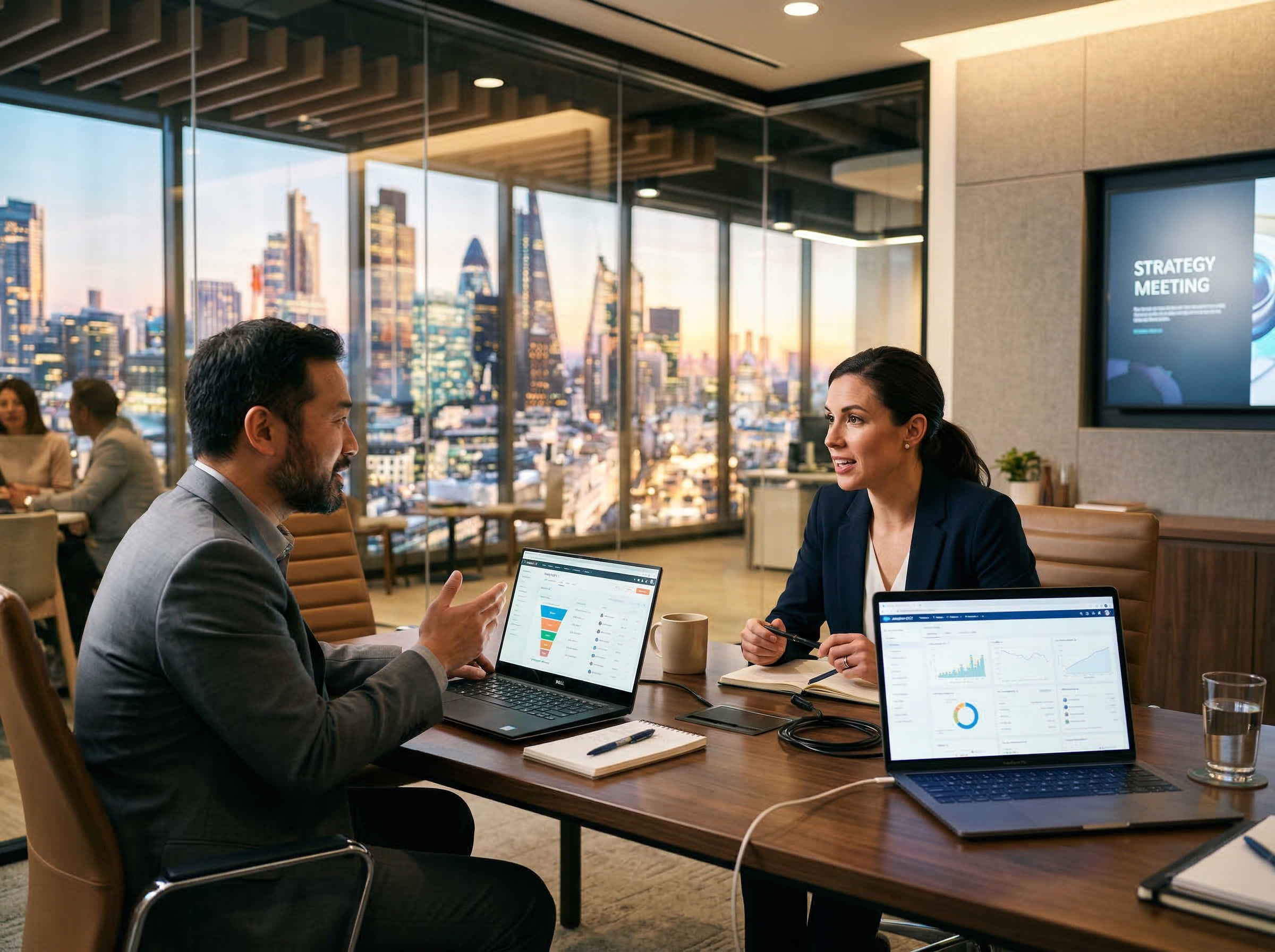 Two professionals in a glass-walled office reviewing charts on laptops with a city skyline and Strategy Meeting slide visible behind them.