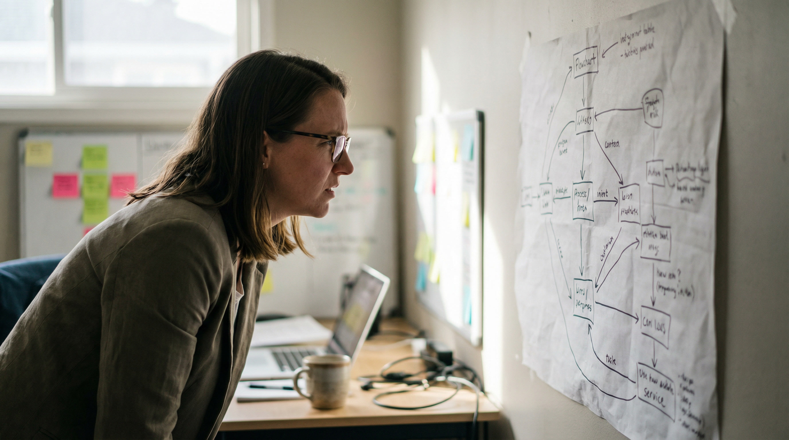 Woman in glasses standing close to a wall covered in handwritten flowcharts and sticky notes in a small office workspace.