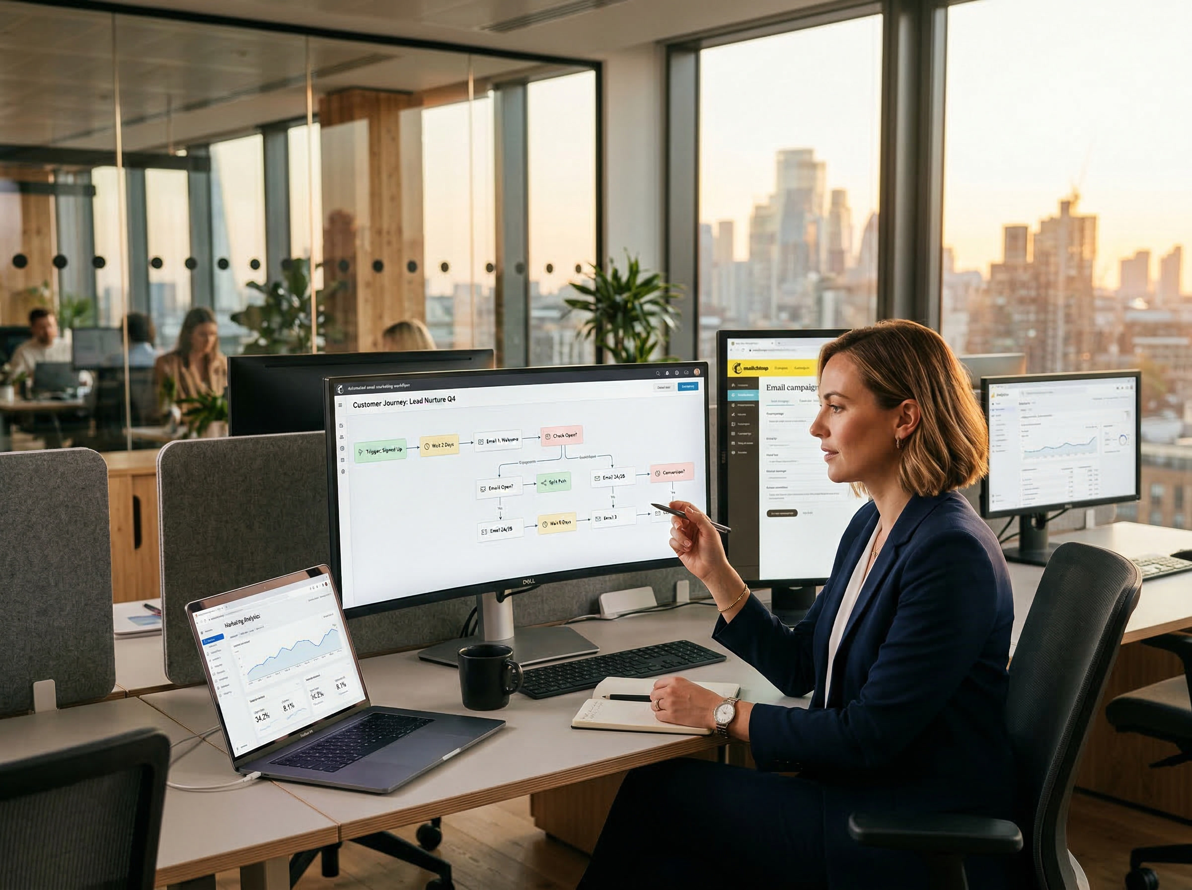 Woman in a navy blazer working at a desk with dual monitors showing a sales journey workflow and CRM data, city skyline in the background.