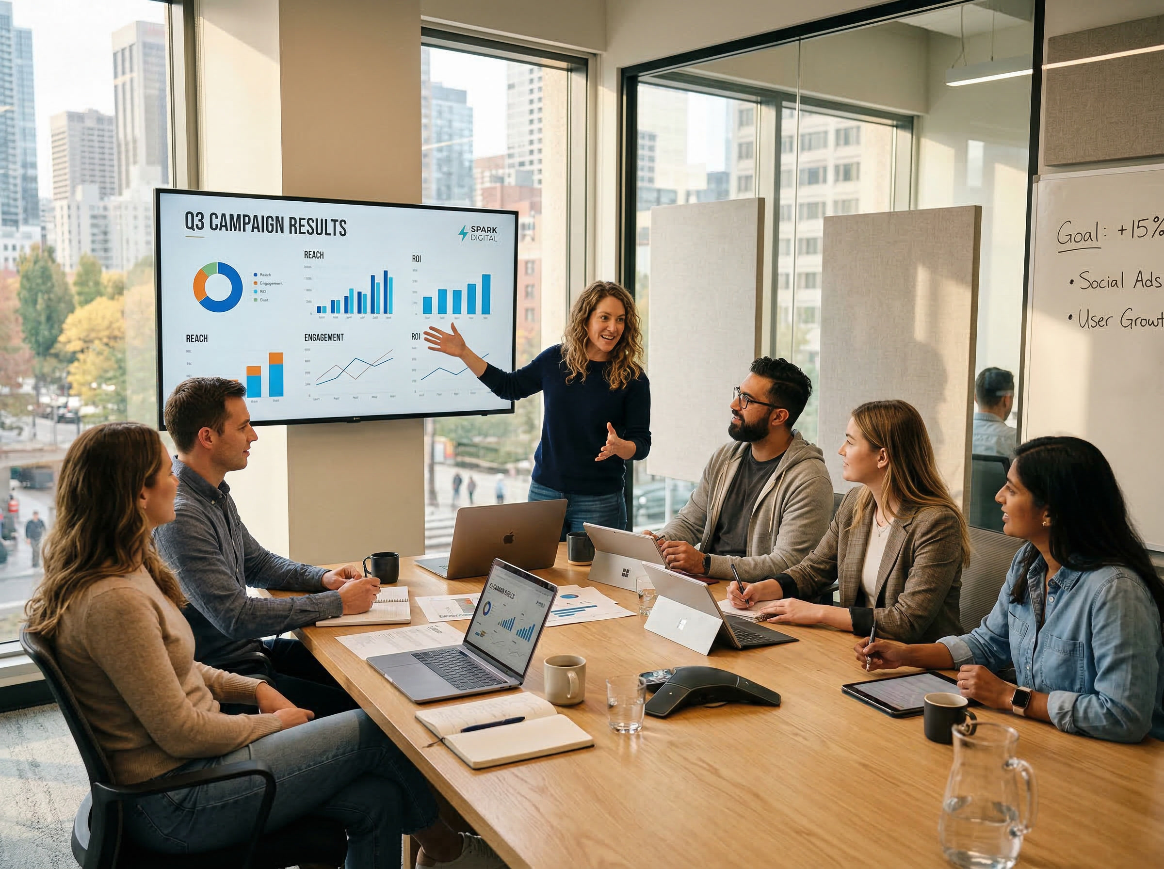 Woman presenting Q3 campaign results on a large screen to five colleagues seated around a conference table.