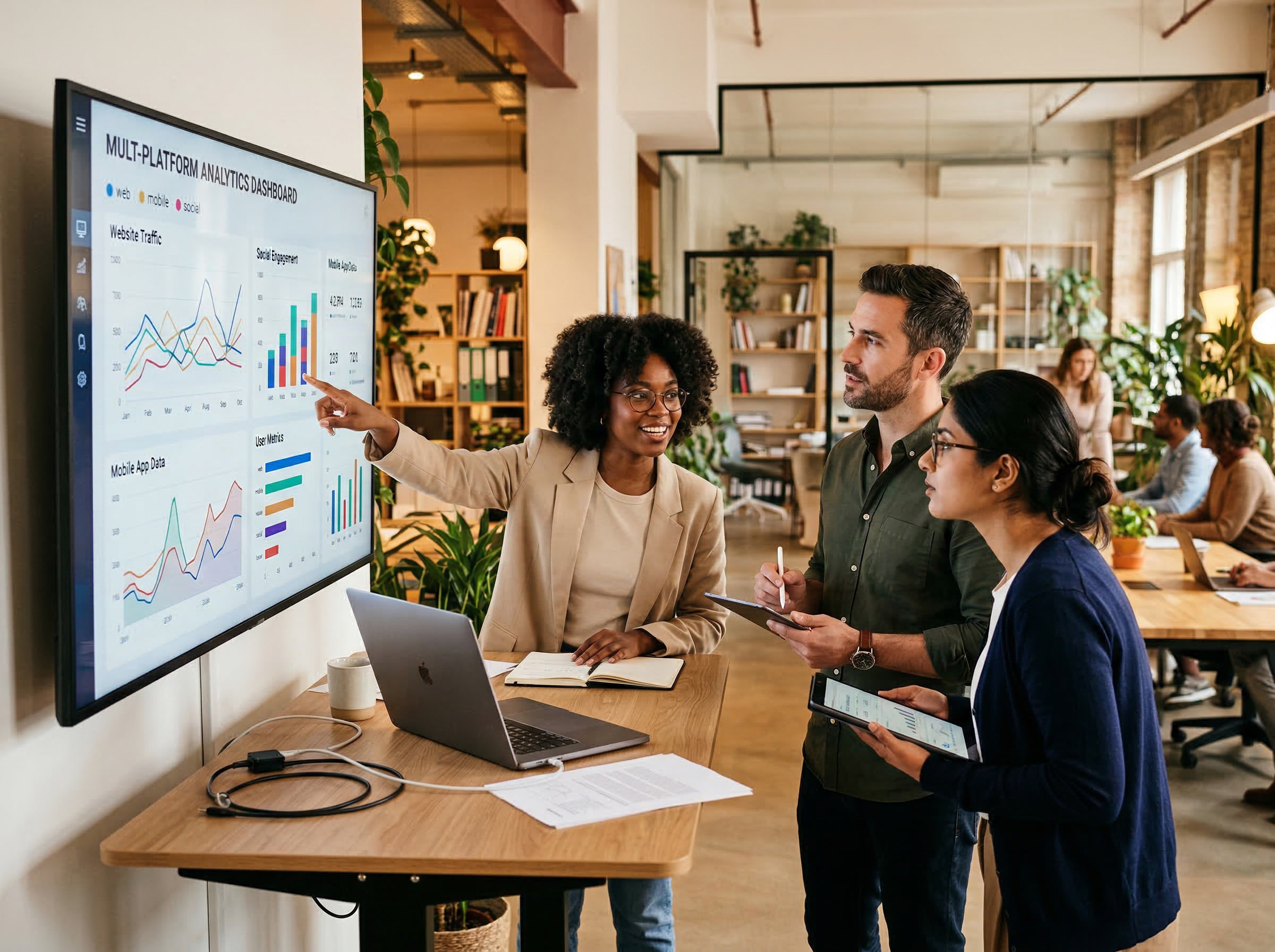 Three colleagues standing together pointing at a multi-platform analytics dashboard on a large wall-mounted screen.