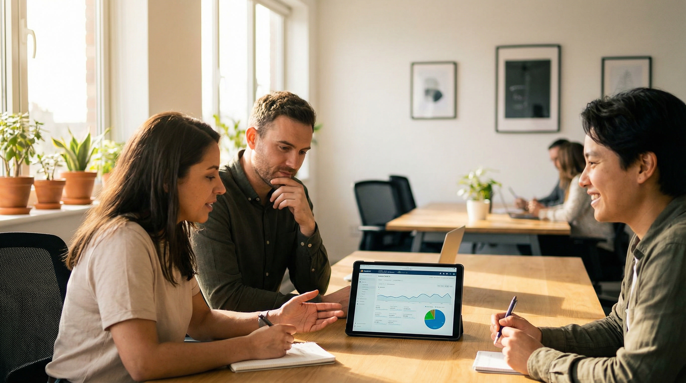 Three people seated around a table with a tablet showing an analytics chart, having a conversation in a bright cafe-style office.