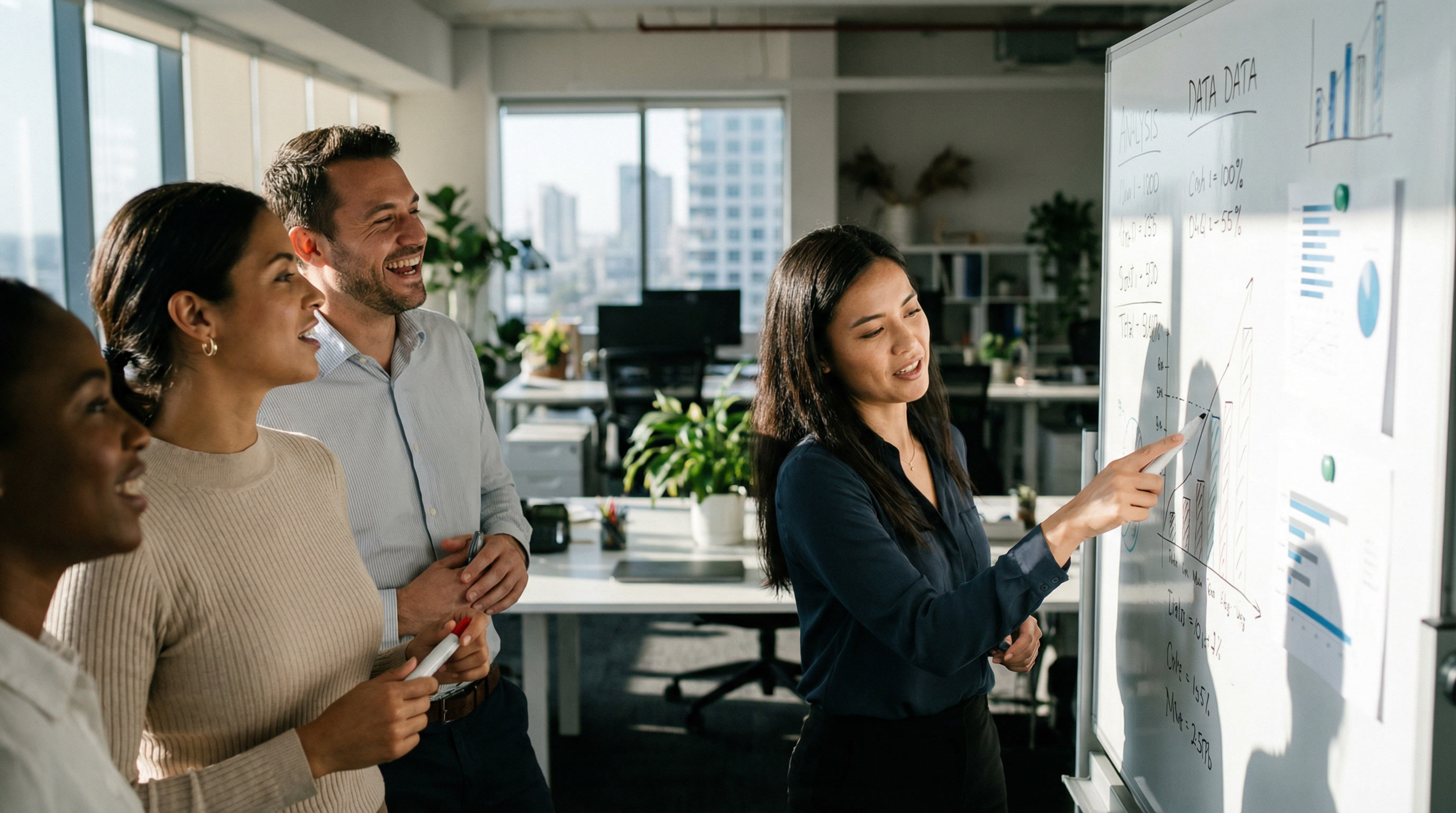 Four people standing at a whiteboard with charts labeled Tata Data, with one woman pointing at the diagrams while the group looks on.