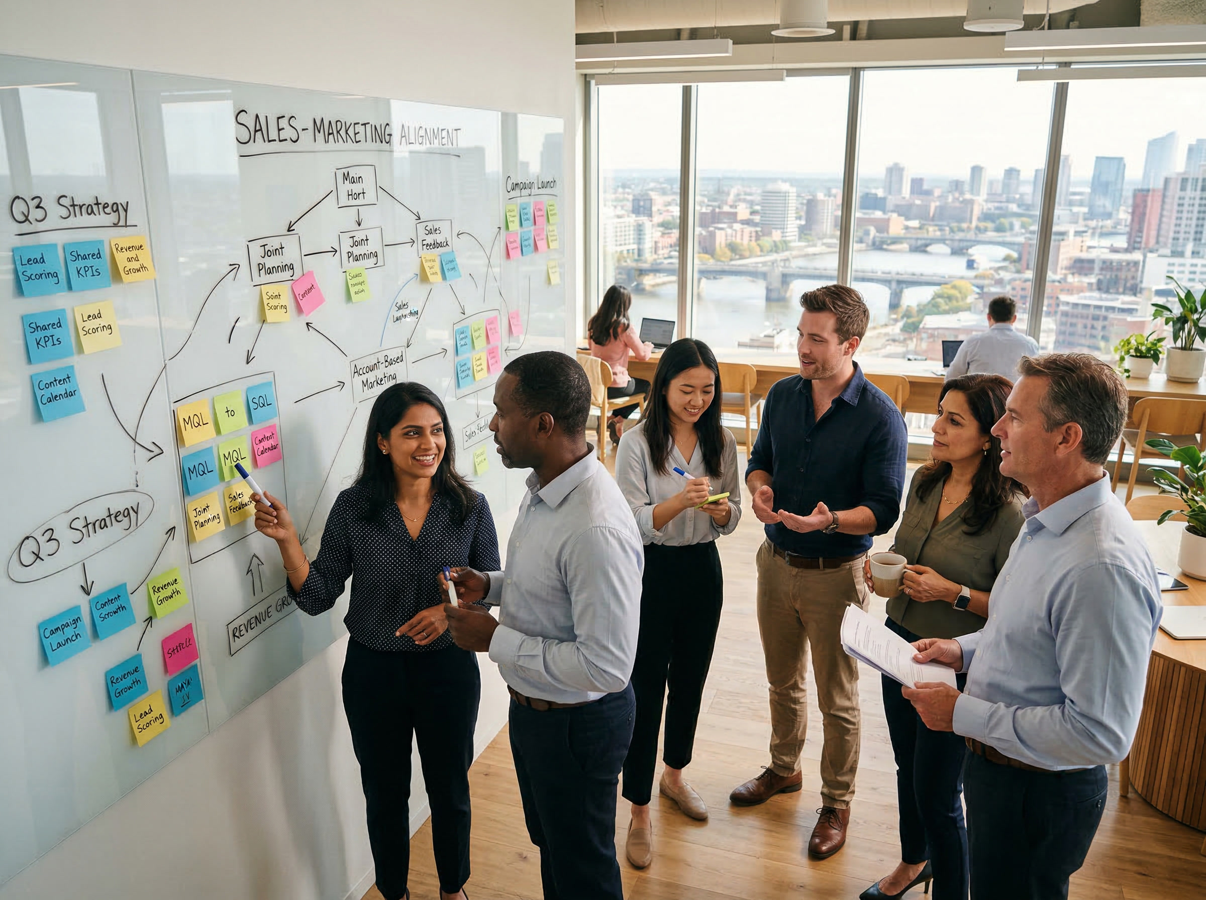 Six colleagues standing in front of a glass board covered in sticky notes labeled Sales-Marketing Alignment with the city visible through windows.
