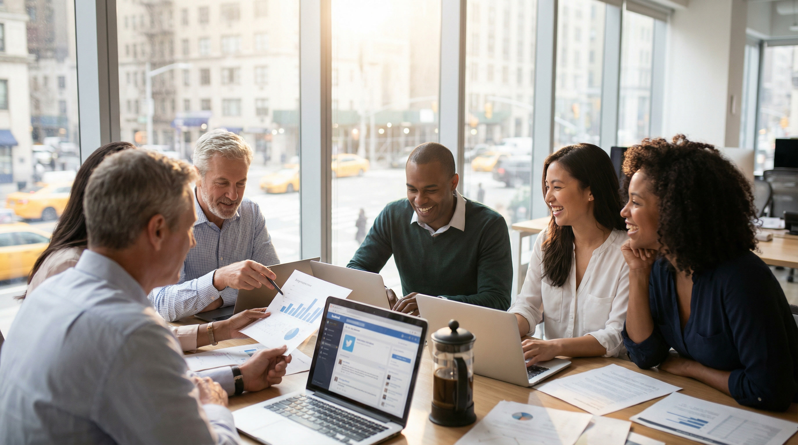 Five colleagues sitting around a conference table, laughing and reviewing printed charts with a laptop open, city view behind them.