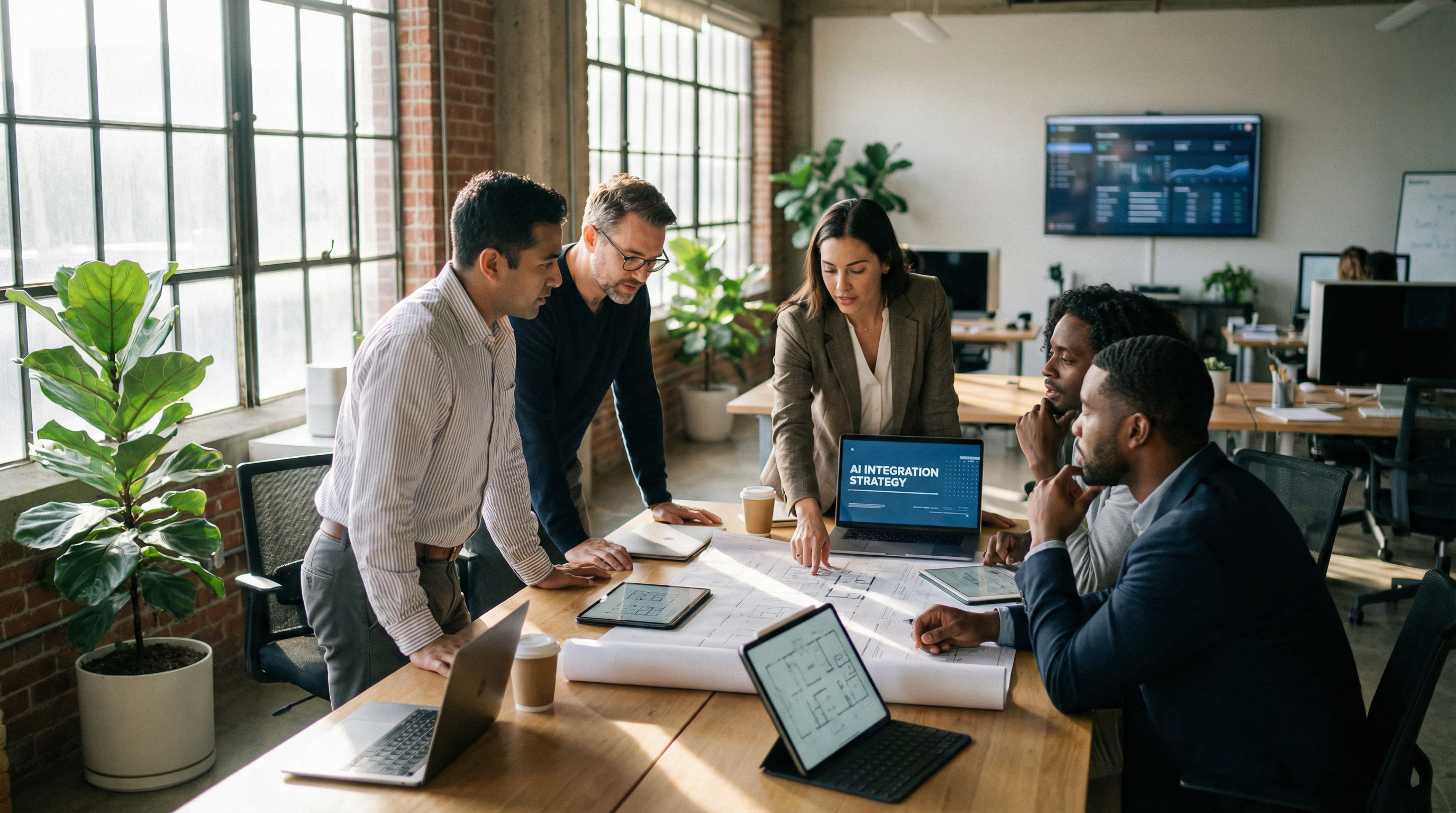 Four professionals gathered around a table with laptops and blueprints, with an AI integration strategy slide visible on a monitor.