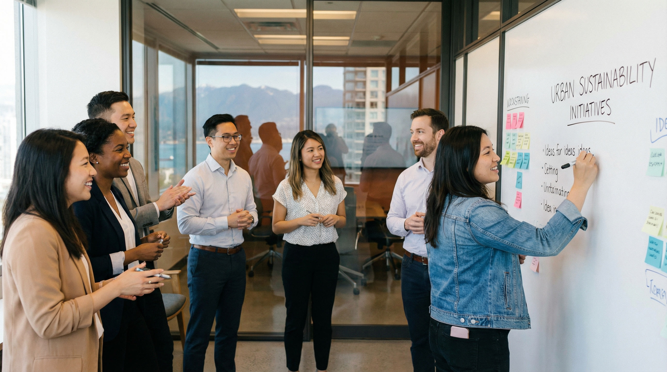 Seven colleagues gathered in a glass-walled room with a woman writing on a whiteboard labeled Urban Sustainability Initiatives.