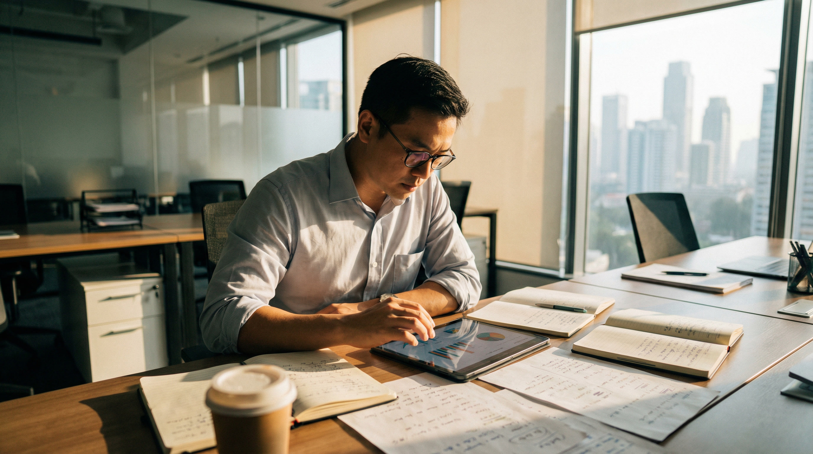 Man in glasses reviewing notes at a desk covered in open notebooks, with a coffee cup and city skyline visible through a window.