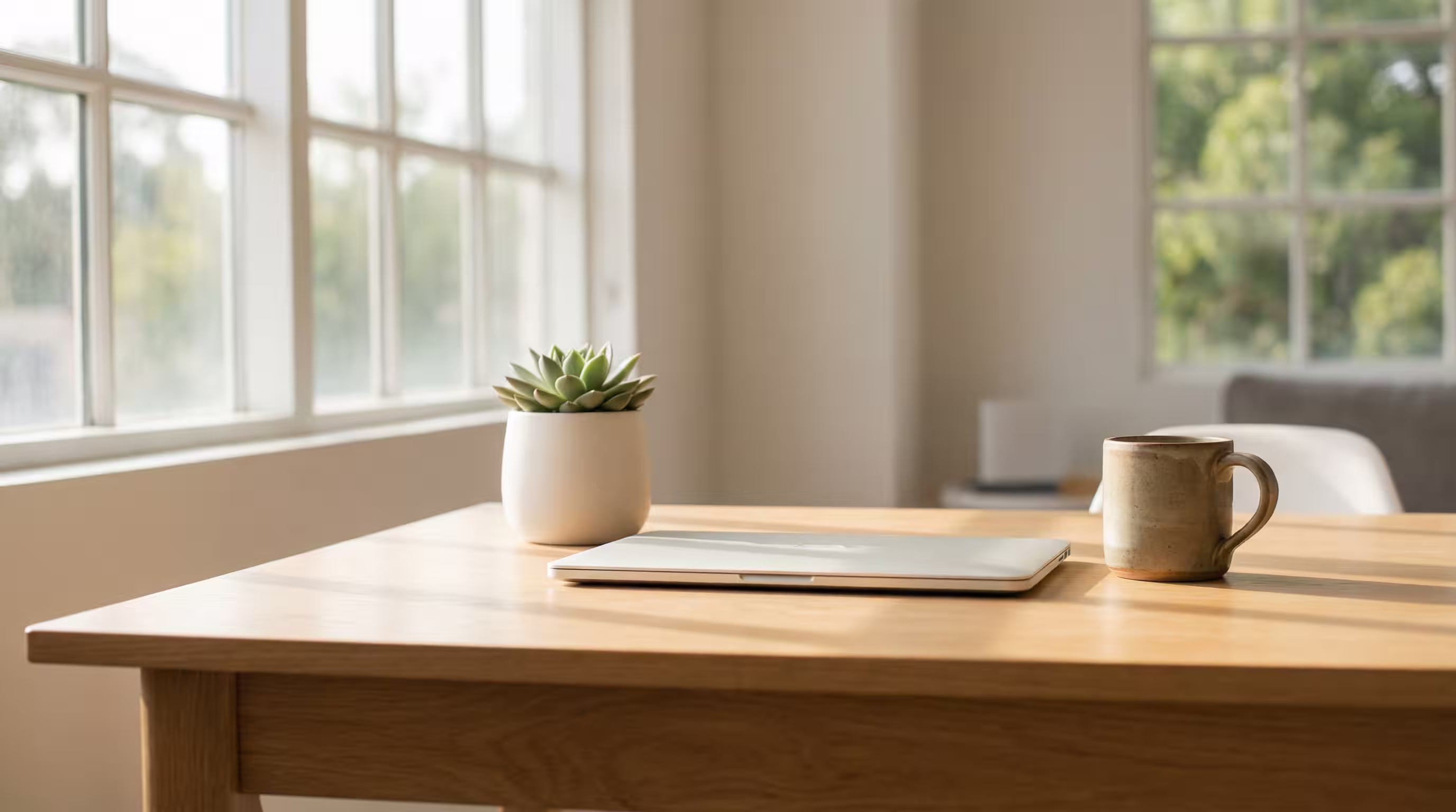 Closed laptop, small succulent plant, and a ceramic mug on a light wood desk by a bright window.