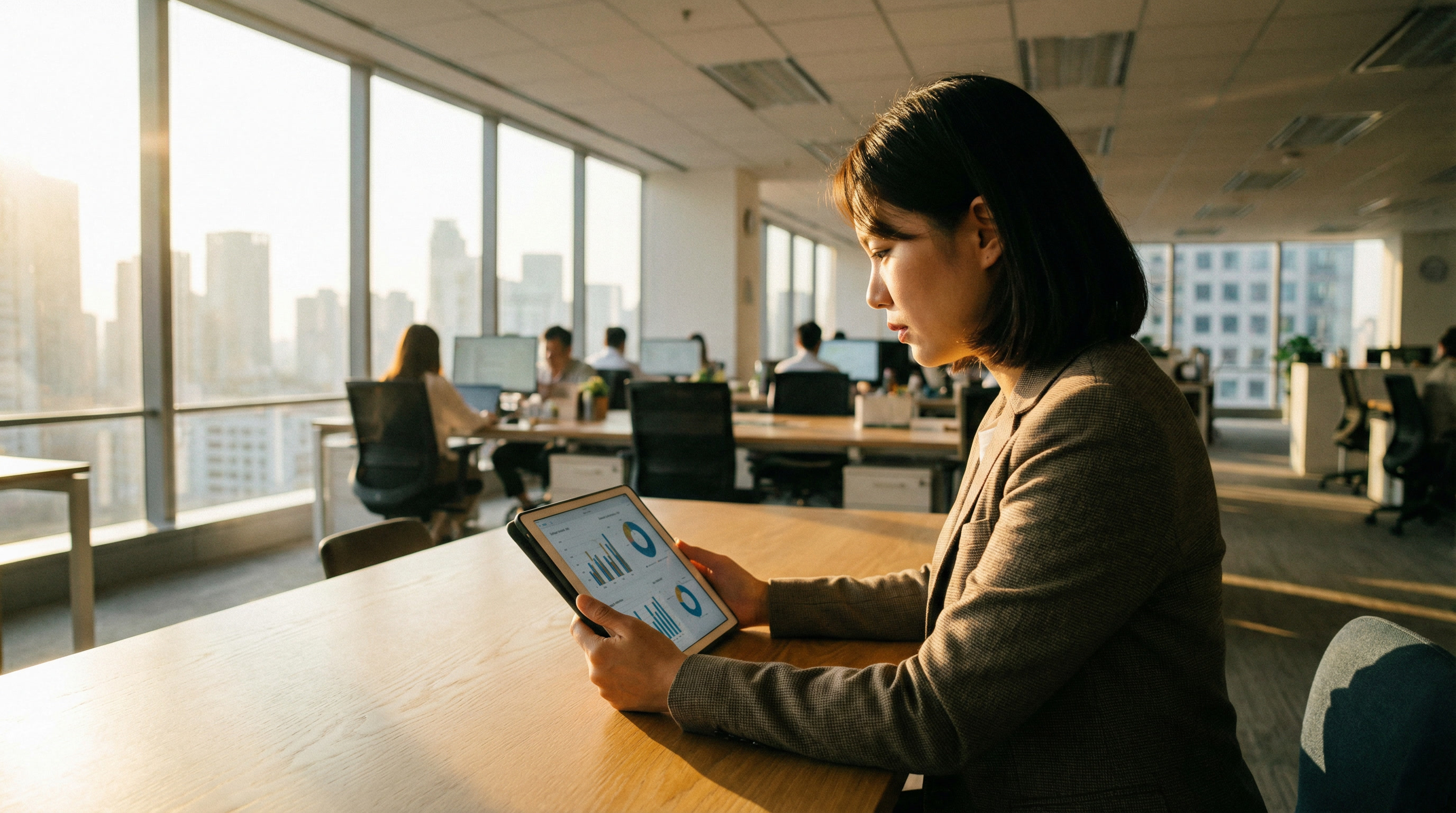 Woman in a business jacket reviews a tablet showing charts and graphs at an open-plan office desk with a city skyline behind her.
