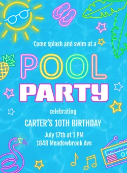 Bright blue pool party invite with neon sun, palm leaves, pineapple, and music notes for Carter's 10th birthday.