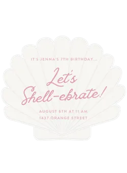 White seashell-shaped card with pink text inviting to Jenna's 7th birthday party on August 6th.