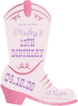 Pink cowboy boot birthday invite for Hailey's 13th birthday on April 18, 2026, at 12 pm.