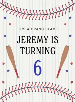 Baseball-themed birthday invitation with bats, baseball stitching, and text saying Jeremy is turning 6.
