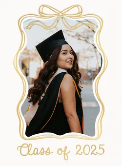 Young woman smiling in a graduation cap and gown with text 'Class of 2025' below framed by a gold ribbon design.