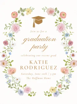 Floral frame surrounds text invitation for Katie Rodriguez's graduation party on June 10th at 1 pm.
