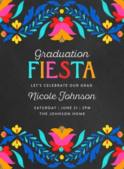 Colorful floral border with text announcing Nicole Johnson's graduation fiesta on June 21 at 2 PM.