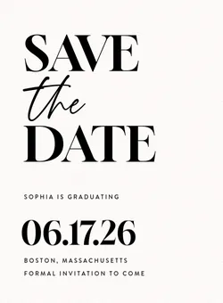 Save the date invitation for Sophia's graduation on 06.17.26 in Boston, Massachusetts.
