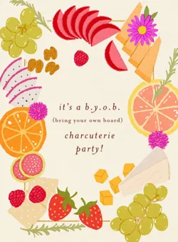Colorful charcuterie ingredients framing text about a bring your own board party with fruits and cheese.