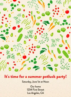 Invitation with colorful vegetable pattern and text for a summer potluck party on June 1 at Noon in Los Angeles.
