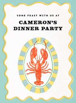 Invitation with a red lobster inside a yellow and blue oval frame for Cameron's dinner party.
