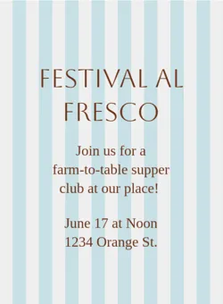 Festival Al Fresco event flyer with farm-to-table supper club details on blue and white stripes.
