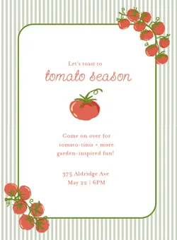 Invitation with tomato illustrations reading 'Let's toast to tomato season' and event details.
