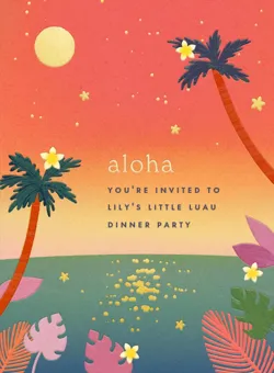 Tropical sunset luau invite with palm trees, ocean, moon, flowers, and text welcoming to Lily's dinner party.