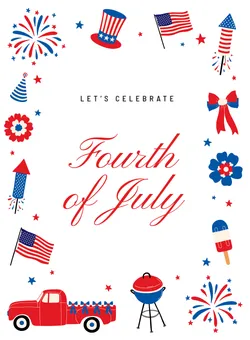 Fourth of July greeting with red, white, and blue decorations, flags, fireworks, and picnic icons.