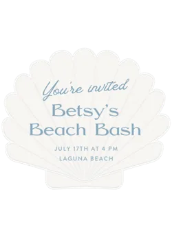 Shell-shaped invitation reading: You're invited, Betsy's Beach Bash, July 17th at 4 PM, Laguna Beach.