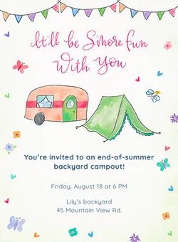 Invitation with camper, tent, and colorful bunting reading 'Still be shore fun with you' for a backyard campout.