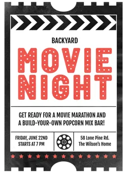 Backyard movie night poster with details for June 22 at 7 PM and popcorn mix bar at a home.