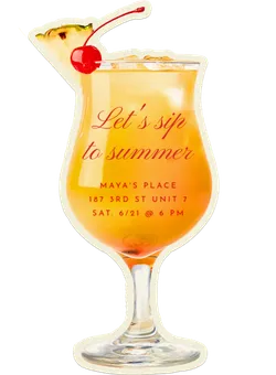 Tropical cocktail with pineapple slice and cherry, text reads Let's sip to summer event details.
