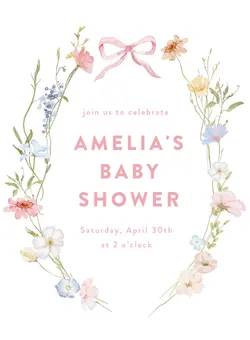 Floral baby shower invitation with pink bow and text for Amelia’s shower on April 30th at 2 o'clock.