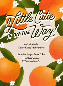 Baby shower invitation with oranges and text 'A little cutie is on the way!' with event details.