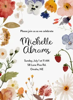 Floral border around invitation text for Michelle Abrams celebration on July 1 at 58 Lone Pine Rd, Omaha.