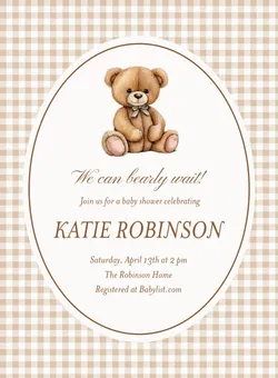 Baby shower invitation with teddy bear on beige gingham background for Katie Robinson's event.