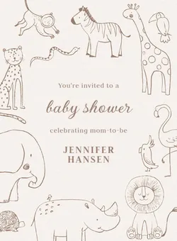 Baby shower invitation with soft sketches of animals like giraffe, elephant, zebra, and lion on a beige background.