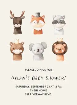 Invitation with cute animal faces: deer, fox, raccoon, bear, koala, lion for Dylan's baby shower.